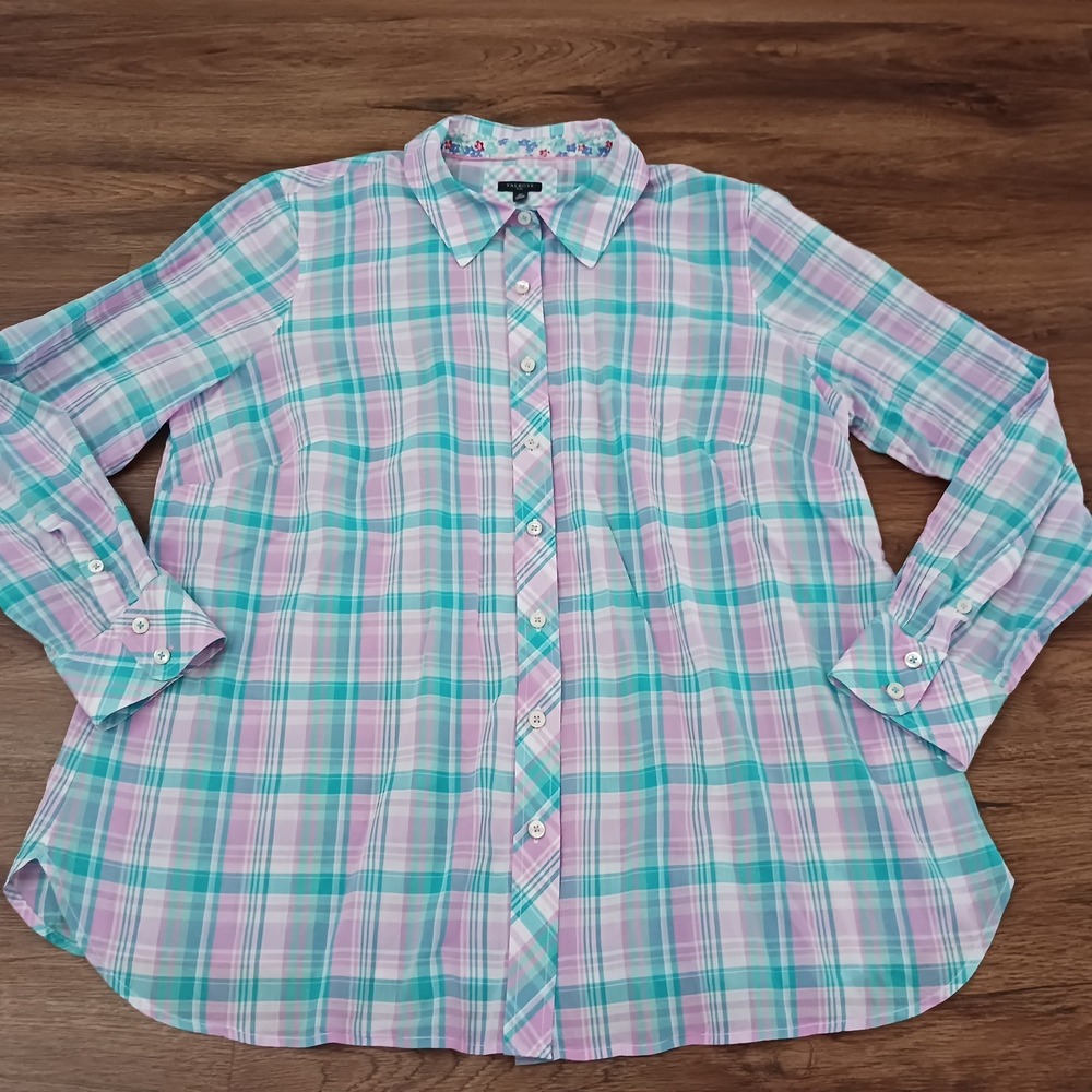 Talbots Plus‎ 1X Plaid Button Down Shirt Purple Teal Cotton Long Sleeve Blouse